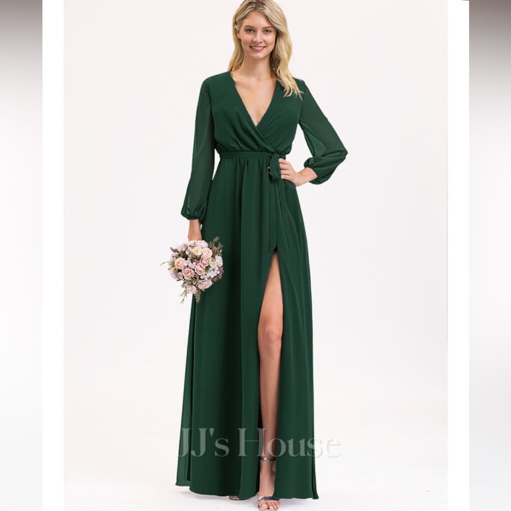 JJ's House Green Long Sleeve A-Line Long Chiffon Bridesmaid Dress 206481 Size 12